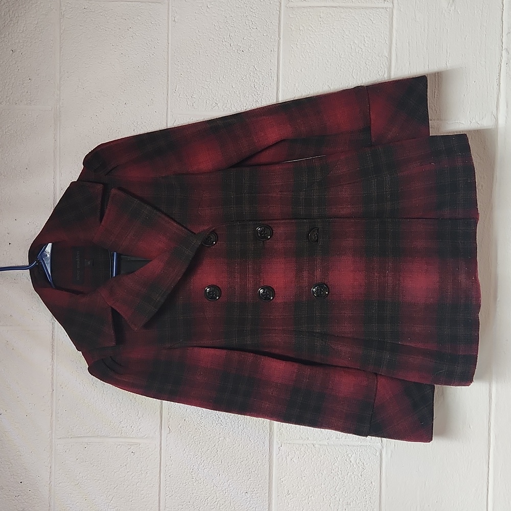 STEVE MADDEN Red & Black Plaid Peacoat